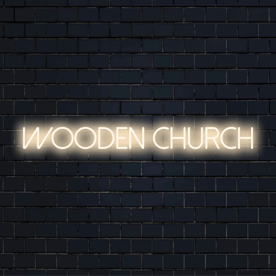 Wooden Church Neon Sign, soft neon glow on dark brick background