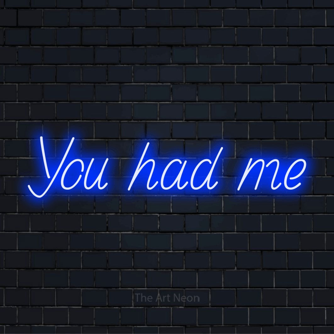 "You Had Me" glowing LED neon sign on a black brick wall