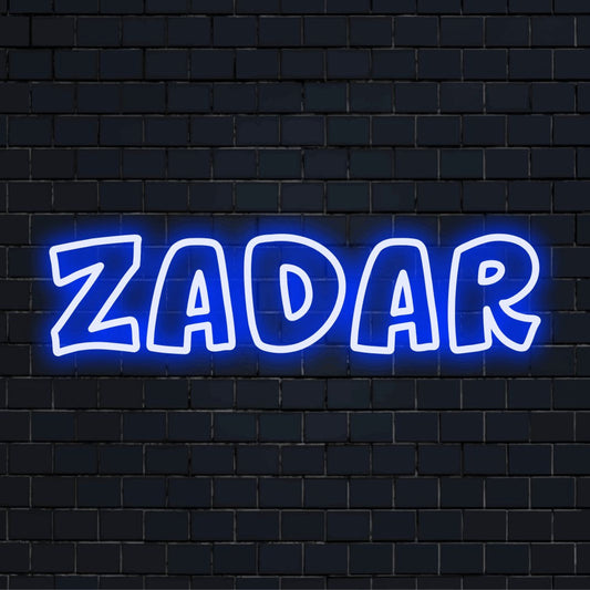 Zadar LED Neon Sign, glowing neon text against brick backdrop