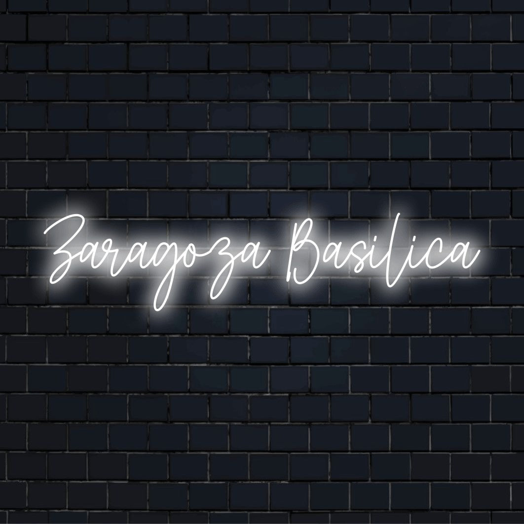 Zaragoza Basilica Neon Sign, soft neon glow against brick backdrop